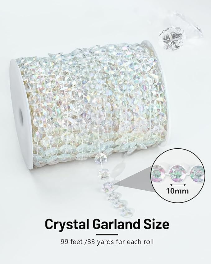 99FT Crystal Garland Strands, Acrylic Iridescent Crystal Beads String Roll, Diamond-Shaped Crystal Garland for Christmas Tree Wedding Party Decorations Beaded Curtain DIY Crafting Projects
