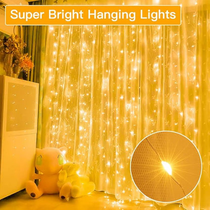 Ollny Silver Copper Wire Fairy Lights Curtain 200 LED 6.6x6.6ft, USB Warm White Curtain Lights with Hook, Waterproof Window Light for Bedroom Backdrop Wall Outdoor Indoor Decorations