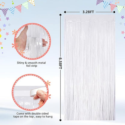 2Pack White Metallic Tinsel Foil Fringe Curtains, White Streamer Backdrop Curtains for Birthday Party Decorations, Fringe Backdrop for Wedding Foil Curtain Backdrop for Bachelorette Party Disco Party