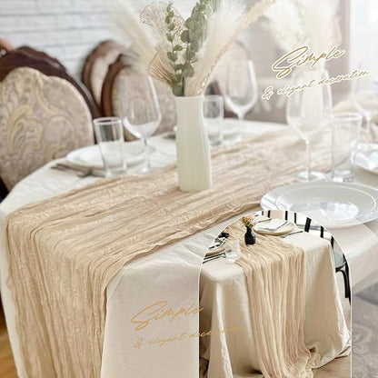 Aktor 12 Pack Beige Table Runner Boho Cheesecloth Table Runner Semi Sheer Gauze Fabric Runners for Wedding Birthday Baby Shower Party Boho Table Decoration（Beige）
