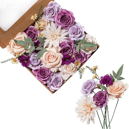 FANKO Rose Artificial Flowers Combo for DIY, Fake Purple Rose Artificial Silk Flowers with Greenery, Real Looking Artificial Faux Flowers for Wedding, Table Decoration, Centerpieces, Party, Home Décor