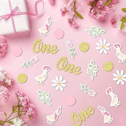 220PCS One Silly Goose Birthday Decor for Girl, Goose Dot Leaves Flower 1st Birthday Confetti for Pink and Gold First Bday Decorations.