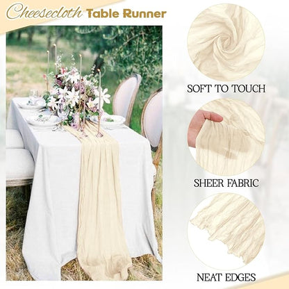 Aktor 4 Pack Ivory Table Runner Boho Cheesecloth Table Runner Semi Sheer Gauze Fabric Runners for Wedding Birthday Baby Shower Party Boho Table Decoration（Ivory）