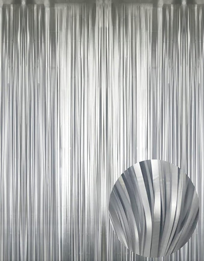 GOER 3.2 ft x 8.2 ft Metallic Tinsel Foil Fringe Curtains,Party Streamer Backdrop for Birthday,Graduation Decorations and New Year Eve (2 Pcs,Matte Silver,Thick Material)