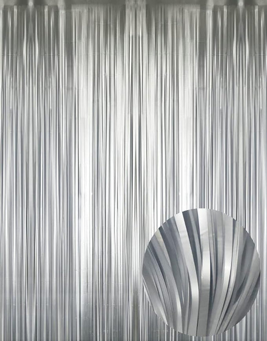 GOER 3.2 ft x 8.2 ft Metallic Tinsel Foil Fringe Curtains,Party Streamer Backdrop for Birthday,Graduation Decorations and New Year Eve (2 Pcs,Matte Silver,Thick Material)