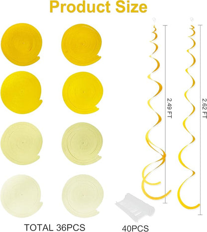 36Pcs Yellow Hanging Swirl Decorations Ombre Yellow Felt Swirl Streamer Spiral Ceiling Decoration Garland for Lemon Bee Sunflower Birthday Wedding Baby Shower Bridal Shower Bachelorette Party Supplies