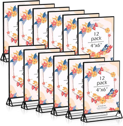 12PCS Acrylic Black Sign Holders, Wedding Table Sign Double Sided Holder, Acrylic Black Frame Sign Holders Display Stand for Wedding Table Numbers, Restaurant Sign, Menu, Photo (4" x 6")