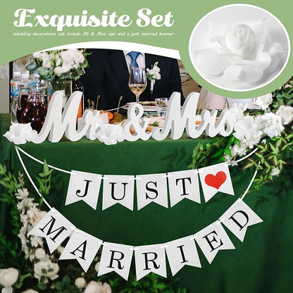 White Wooden Mr and Mrs Signs for Wedding Table, Wooden Wedding Table Signs for Ceremony and Reception - Centerpiece Decorations with Just Married Banner Gifts