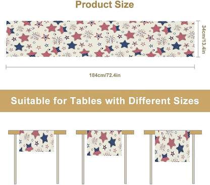 4th of July Table Runner, American Patriotic Independence Day Red Blue White Stars Stripes Fireworks Print Table Runner for Home Party Decor Kitchen Dining Table, 13x36inch