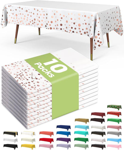 Pureegg Plastic Table Cloth Disposable 10 Pack, 54 x 108 Inch Table Cloths, Graduation Decorations of 2025, Graduation Tablecloths, Rectangle, Plastic Cover, Leakproof & Sturdy, White and Rose Gold