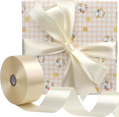 Rice White Solid Satin Ribbon 1-1/2 Inch 50 Yards Solid Polyester Fabric Ribbon for Gift Wrapping Wedding Christmas Baby Shower Birthday Party Decoration Handmade Immortal Flower Craft