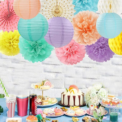 Pastel Rainbow Party Decorations Streamers - 14pcs Boy Girl Kids Birthday Supplies,Pink Yellow Blue Paper Lanterns Fan,Tissue Pom Poms,Honeycomb Balls, Baby Shower Wedding Decor Lasting Surprise
