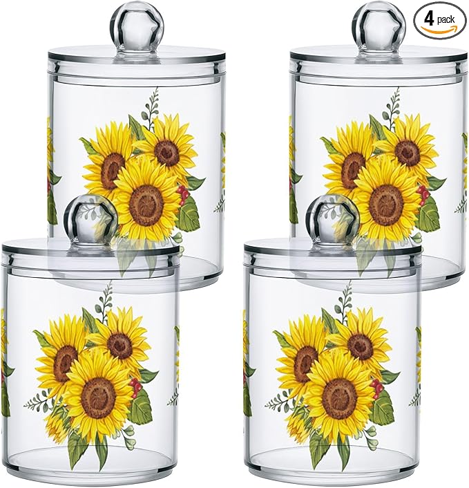 Gredecor Qtip Holder Dispenser 4 Pack Yellow Watercolor Sunflowers Apothecary Jars with Lids Bathroom Vanity Countertop Canister Storage Organizer for Cotton Ball,Swabs,Pads,Floss