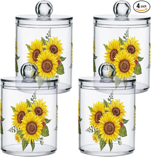 Gredecor Qtip Holder Dispenser 4 Pack Yellow Watercolor Sunflowers Apothecary Jars with Lids Bathroom Vanity Countertop Canister Storage Organizer for Cotton Ball,Swabs,Pads,Floss