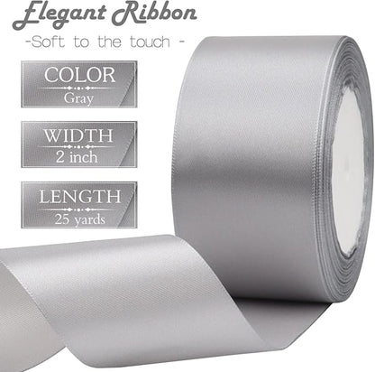 Gray Solid Satin Ribbon 2 Inch 25 Yards Solid Polyester Fabric Ribbon for Gift Wrapping Wedding Christmas Baby Shower Birthday Party Decoration Handmade Immortal Flower Craft