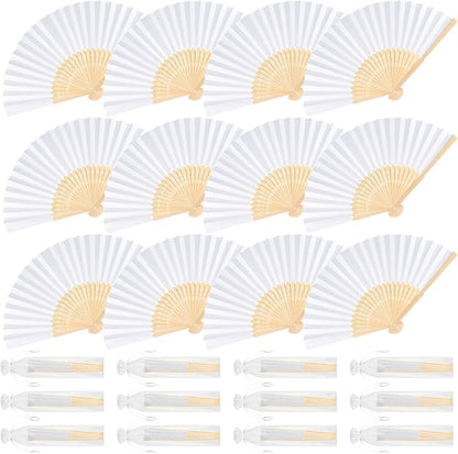 12 Pieces White Hand Held Bamboo Folding Fans Paper Fans Handheld for Women Foldable Girls Wedding Decoration Church Home Party Favors Summer