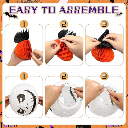 Halloween Office Decorations Indoor Kit - Pumpkin Lanterns, Bats Skull Head Banner, Spider Pumpkin Hanging Happy Halloween Banner For Office Classroom Home 14PCS