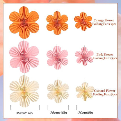 SUNBEAUTY Paper Flowers Decorations for Wall Paper Fans Classroom Decoration Paper Floral Backdrop Decor Paper Fans Decoration Hanging Paper Fans Orange Flower Wall Decor,Set of 9