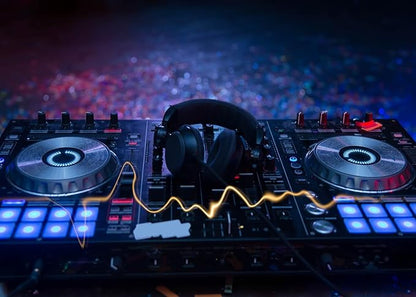 CORFOTO 7x5ft Fabric Dj Mixer with Headphones Backdrop Photography Dj Sound Equipment in Dark Background Musical Dance Disco Party Decorations Live Concert Stage Photoshoot Booth Studio Props