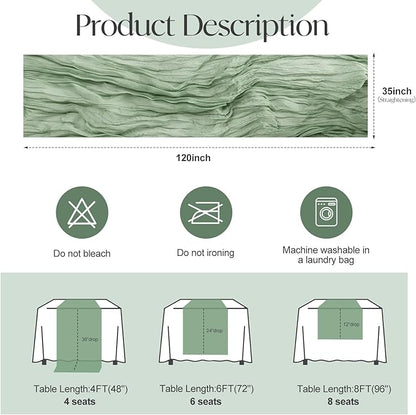 2 Pcs Sage Green Cheesecloth Table Runner - 120 inch 10FT Boho Rustic Gauze Cheese Cloth Table Runner Decor for Spring Summer Party Wedding Birthday Baby Bridal Shower Home