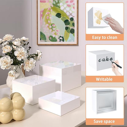 Buffet Risers, Food Display Risers for Party, White Acrylic Risers Display Stand for Buffet Table, Catering Displays for Dessert, Cube Box Nesting Riser with Hollow Bottoms (6"x7"x8" 3PCS)