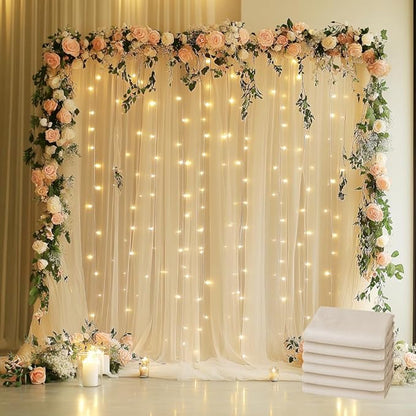 Tulle Backdrop Curtain with Lights String 30 X 8FT Champagne Sheer Tulle Backdrop Curtains for Wedding Birthday Party Reception Photo Booth Background Decorations (6 Panels 5x8FT)