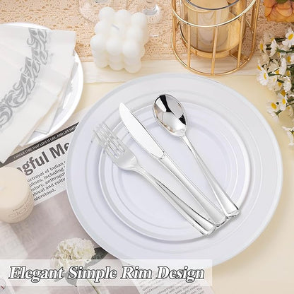200PCS Silver Plastic Plates Set, 100 10.25 inch Dinner Plates and 100 7.5 inch Dessert Plates, Premium Disposable Plates for Party, Wedding