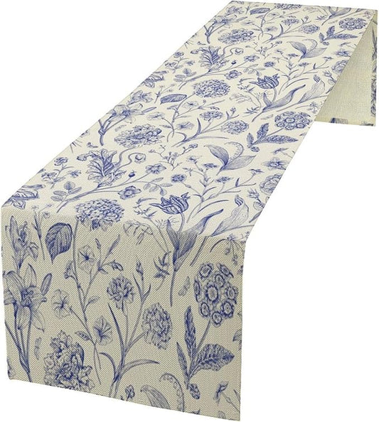 Monochrome Sketch Flowers Table Runner, Seasonal Spring Fall Plants Blue Florals Dinner Runner for Home Kitchen Dining Table Party Holiday Decoration 13"x120"
