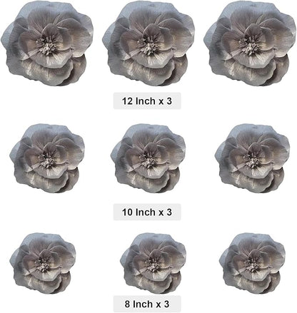 BRT Bearingshui Crepe Paper Flowers Decoration for Wall Total 9 Pcs, Artificial Flowers Backdrop for Wedding Decor Baby Bridal Shower Birthday Party, Silver 3D Wall Flowers Decor