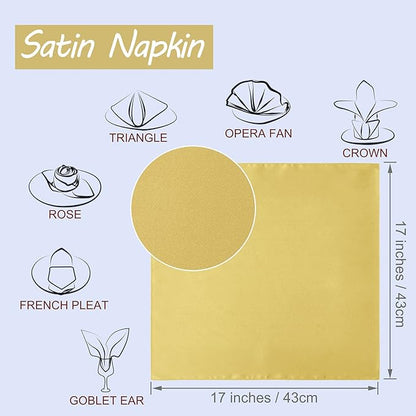 Horbaunal 16 Pack Gold Satin Napkins 17 x 17 Inch, Square Soft Table Dinner Napkins, Silky Cloth Napkins Table Decoration for Weddings Banquets Parties