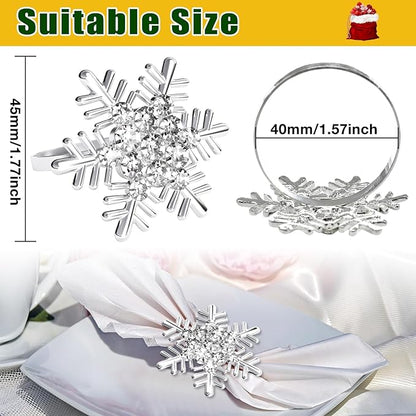 Halatool Christmas Napkin Rings Set of 12, Silver Snowflake with White Rhinestone Napkin Holder for Christmas Thanksgiving Winter Holiday Place Setting, Weddings, Party Table Decoration
