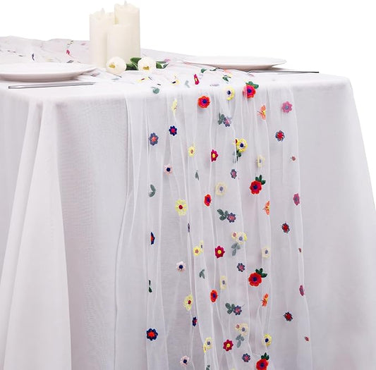 BINBE 1pcs Ivory Daisy Fall Table Runner Embroidery Gauze 10FT Florals Seasonal Tulle Holiday Birthday Kitchen Dining Table Decor for Home Party