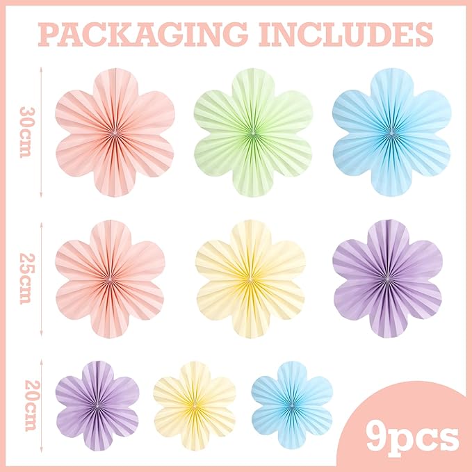 SUNBEAUTY 9 PCS Pastel Paper Flowers Decorations for Wall Paper Fans Classroom Decoration Paper Floral Backdrop Decor Paper Fans Decoration