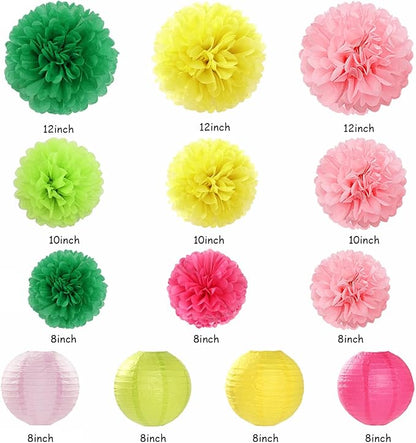 Hawaiian Pink Green-Yellow Party-Decorations - 20pcs Aloha Paper Lanterns Fans,Tissue Pom Poms,Honeycomb Balls,Tropical Pool Jungle Bachelorette Birthday Supplies Summer Beach Burgleda