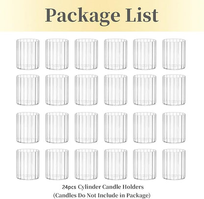 Hewory 24PCS Small Glass Hurricane Candle Holders Bulk - Short Clear Cylinder Vases for Centerpieces, Low Ribbed Vase for Wedding Reception Anniversary Baby Shower Events Party Home Table Decor