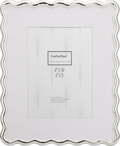 Silver 8x10'' Wave Design Photo Frame with Acid Free Mat for 5x7'',High-End Zinc Alloy Picture Frames with Velvet Back,Fashionable Style Silver frames 7x5''