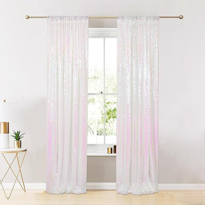 ShinyBeauty Sequin Backdrop 2FTx8FT Iridescent White 2 Pieces White Sequin Back Drop Glitter Background Sparkly Backdrop for Photograph Decorations