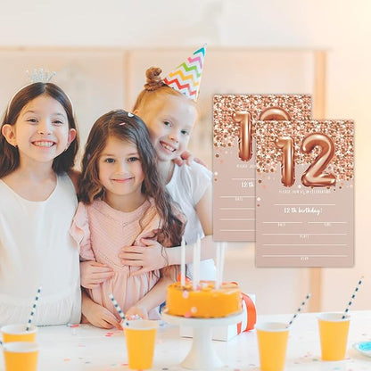 12th Birthday Invitation Cards, Rose Gold Glitter 12th Birthday Party Invites, Kids Happy Birthday Party Decorations Supplies, 20 Fill-in Cards with Envelopes for Boys or Girls Party Celebration - C04