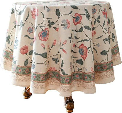 ISAENNE Designer Chinoiserie Linen Floral Round Tablecloth,White Wrinkle Resistant Table Cloth,Elegant Decor Tablecloths for Dining Thanksgiving Kitchen Party Christmas,Diameter 67"-Daffy