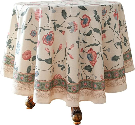 ISAENNE Designer Chinoiserie Linen Floral Round Tablecloth,White Wrinkle Resistant Table Cloth,Elegant Decor Tablecloths for Dining Thanksgiving Kitchen Party Christmas,Diameter 67"-Daffy