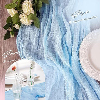 Aktor 4 Pack Light Blue Table Runner Boho Cheesecloth Table Runner Semi Sheer Gauze Fabric Runners for Wedding Birthday Baby Shower Party Boho Table Decoration（Light Blue）