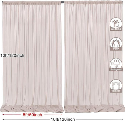 PARTISKY 10ftx10ft Taupe Chiffon Sheer Backdrop Curtains, Wrinkle-Free Wedding Backdrop Drapes for Birthday Party Ceremony Arch Stage Decor Background for Photography 5ft x 10ft,2 Panels