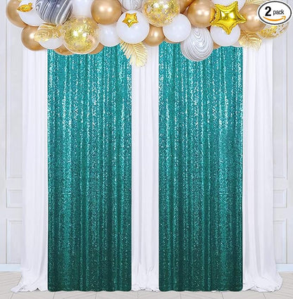 Poise3EHome 2Pcs 2Ft x 8Ft Teal Sequin Backdrop Curtains, Glitter Photography Background, Sequence Xmas Thanksgiving Backdrop for Wedding Party Holiday Festival Decor