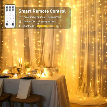 JMEXSUSS 300LED Dual Color Changing Curtain Lights with Remote, 9.8 x 9.8ft Connectable Plug in Christmas String Lights for Bedroom Backdrop Outdoor Decor, Warm White to Multicolor