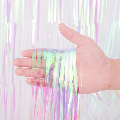 2 Pack Iridescent Tinsel Foil Fringe Curtains, Iridescent Party Decorations, Metallic Tinsel Party Streamers Backdrop for Mermaid Birthday Baby Shower Slumber Wedding Party Decorations