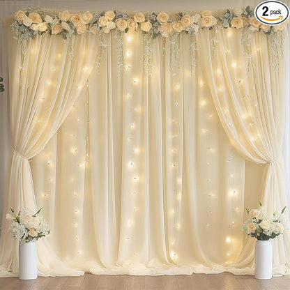 Light Champagne Backdrop Curtains with Lights String for Parties,10x10FT Wrinkle Free Wedding Photo Backdrop Curtains for Baby Shower Birthday Ceremony Reception Home Party Decorations-5ft x 10ft