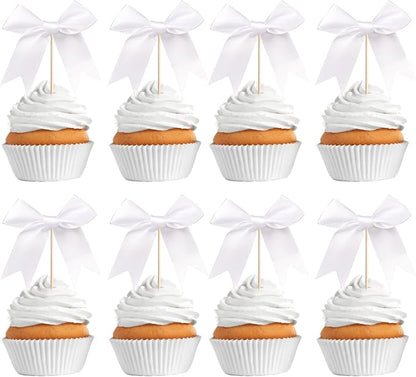 24 PCS Bow Cupcake Toppers Bowknot Cake Toppers Bow Cupcake Picks Bowknot Birthday Party Decorations Bow Cake Dessert Picks for Wedding Bridal Engagement Baby Shower Birthday Party Supplies White
