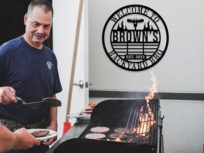 Personalized BBQ Grill Name Sign Custom Grill Sign Outdoor Kitchen Decor Grill Gifts for Dad Backyard BBQ Metal Sign BBQ Grill Sign Barbecue Outdoor Man Cave Decor