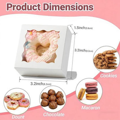 RomanticBaking 3.2" x 3.2" x 1.5" 100PCS Cookies, Soap, Chocolate Truffle, Donut, Macaron, Mini Bakery Boxes with Window