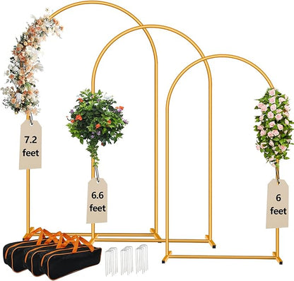 3-Pack Metal Arch Backdrop Stand Set (6/6.6/7.2FT) Heavy Duty Rust-Proof Wedding Decoration Frame with Crossbar Base for Party, Photo Booth, Balloon & Flowers Decor (Gold, 6FT,6.6FT,7.2FT)